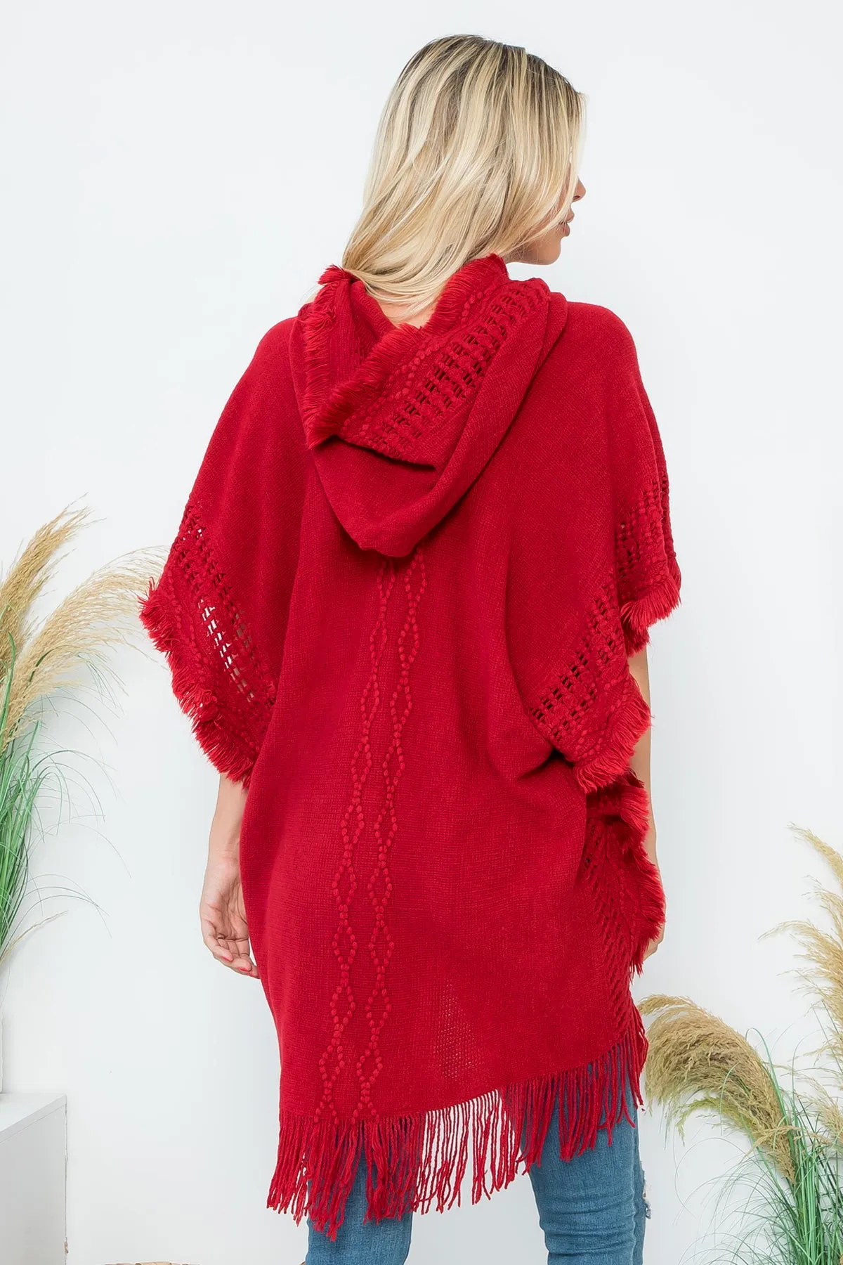 HDF4000 - DIAMOND PATTERN KNITTED FRINGE WARMER PONCHO