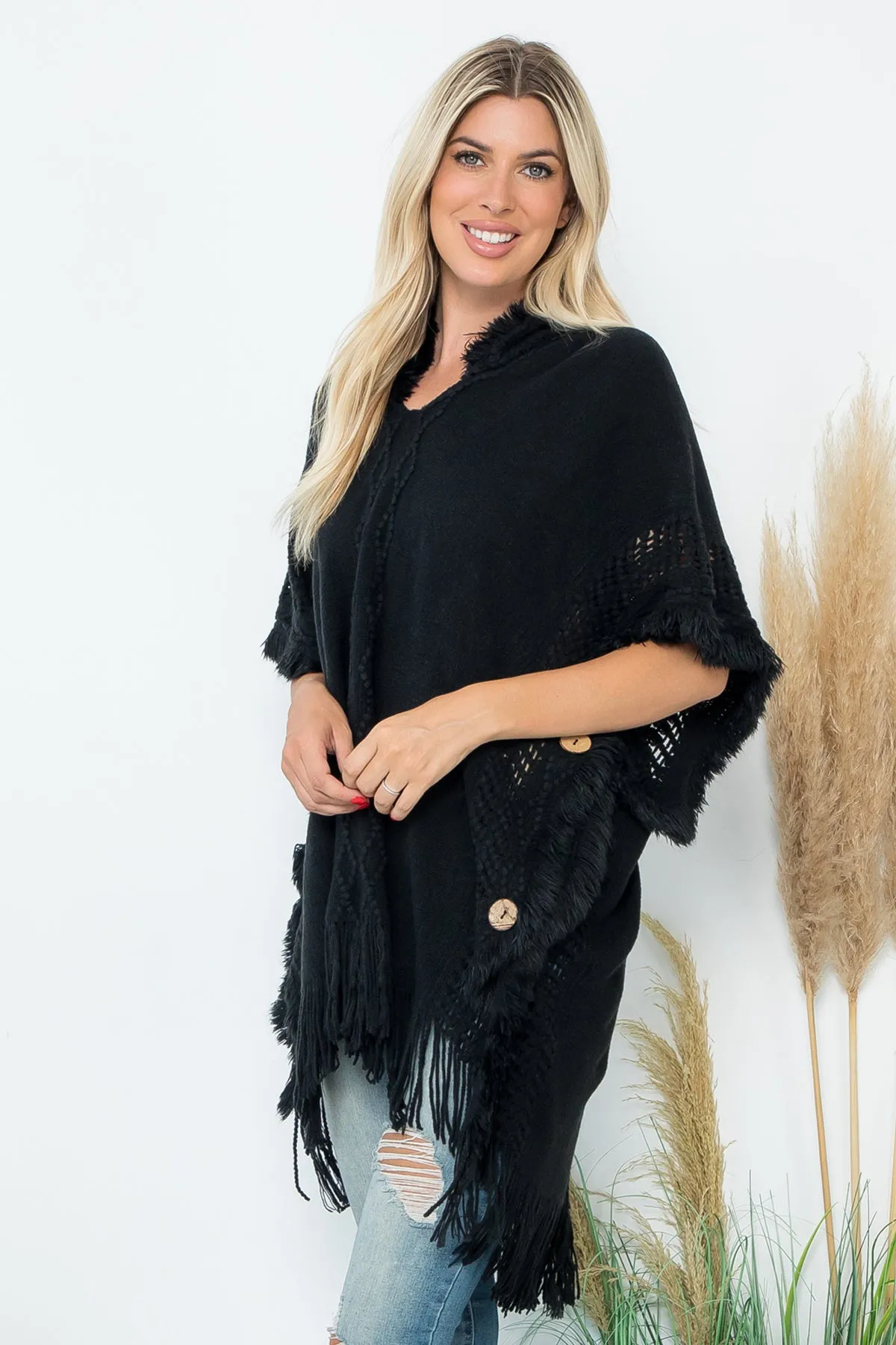 HDF4000 - DIAMOND PATTERN KNITTED FRINGE WARMER PONCHO