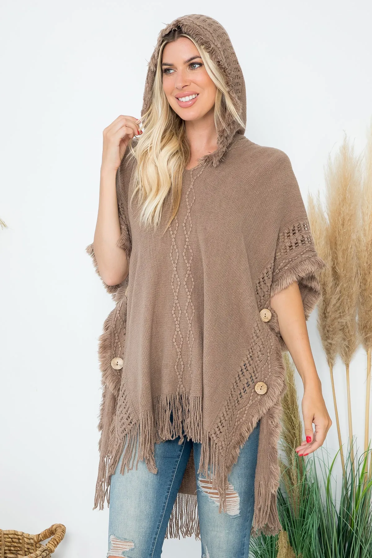 HDF4000 - DIAMOND PATTERN KNITTED FRINGE WARMER PONCHO