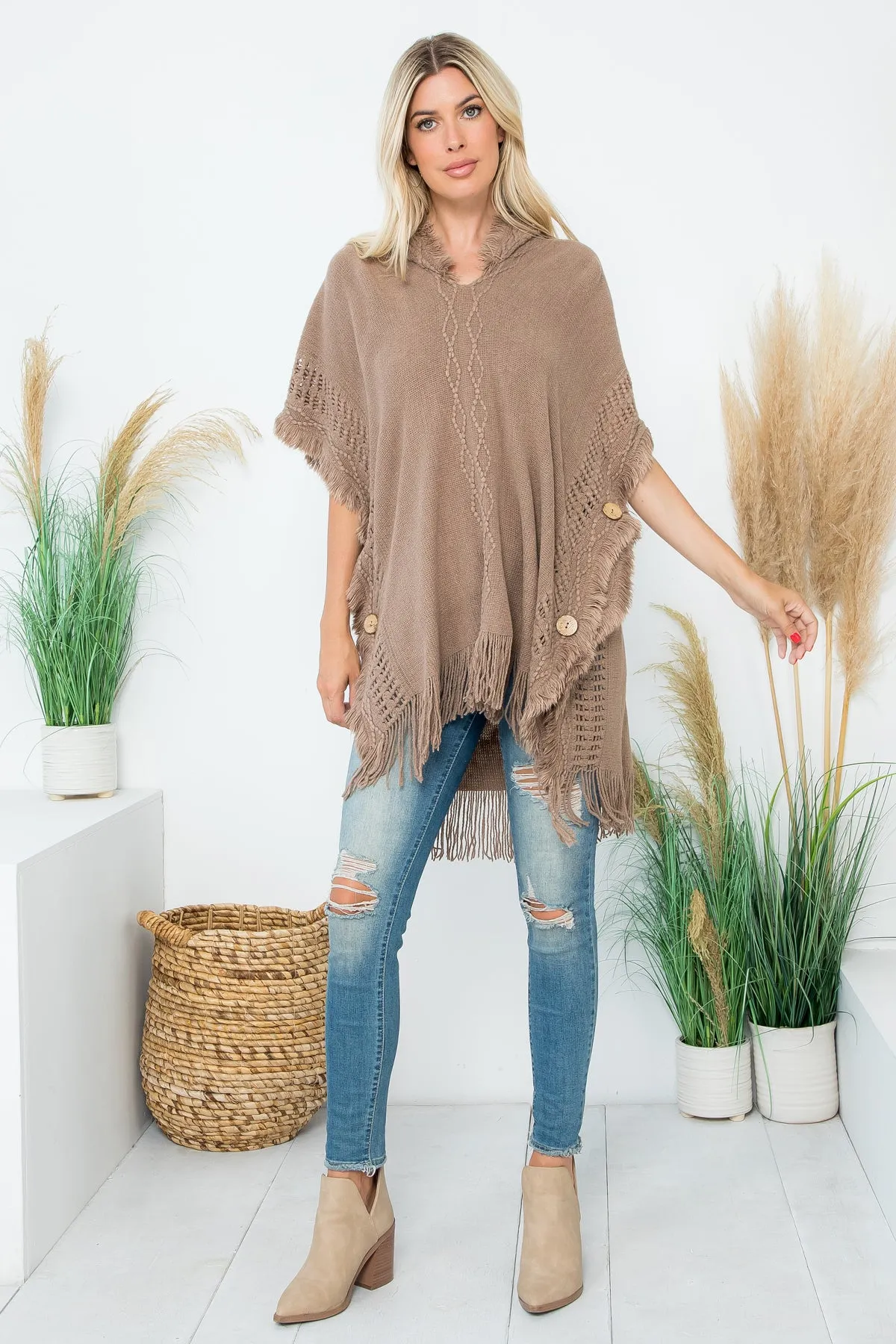 HDF4000 - DIAMOND PATTERN KNITTED FRINGE WARMER PONCHO