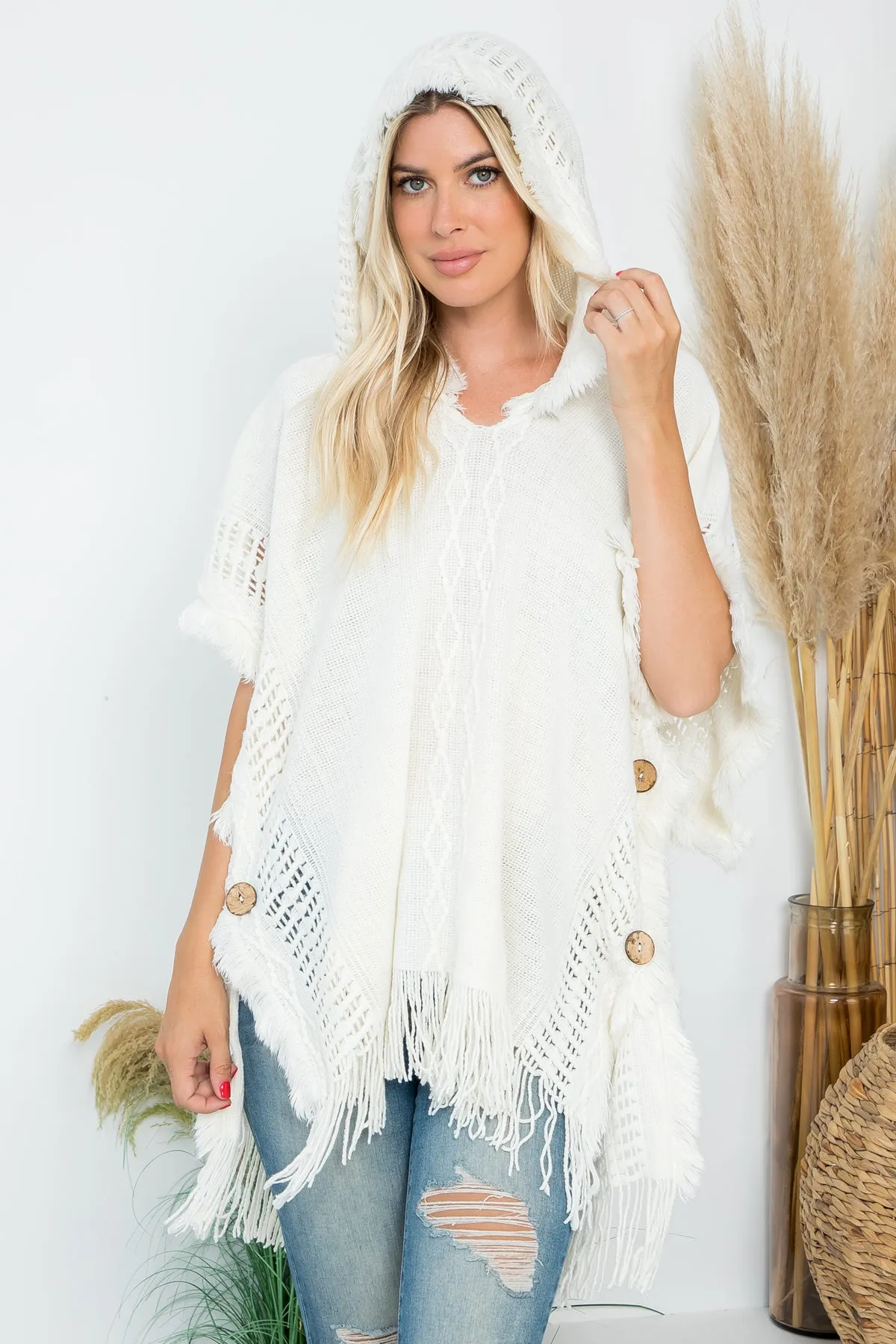 HDF4000 - DIAMOND PATTERN KNITTED FRINGE WARMER PONCHO