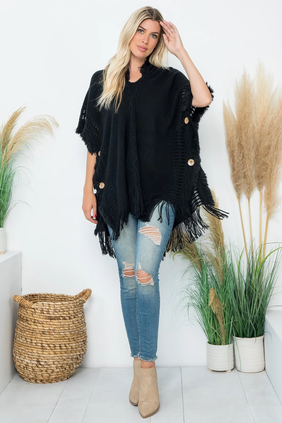 HDF4000 - DIAMOND PATTERN KNITTED FRINGE WARMER PONCHO