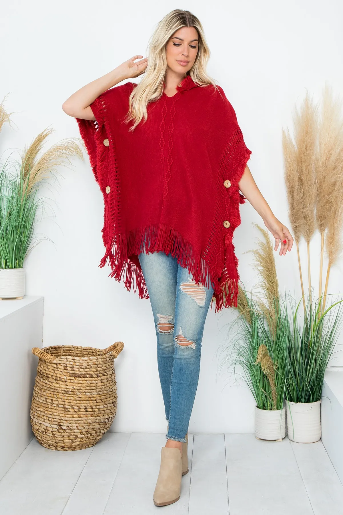 HDF4000 - DIAMOND PATTERN KNITTED FRINGE WARMER PONCHO
