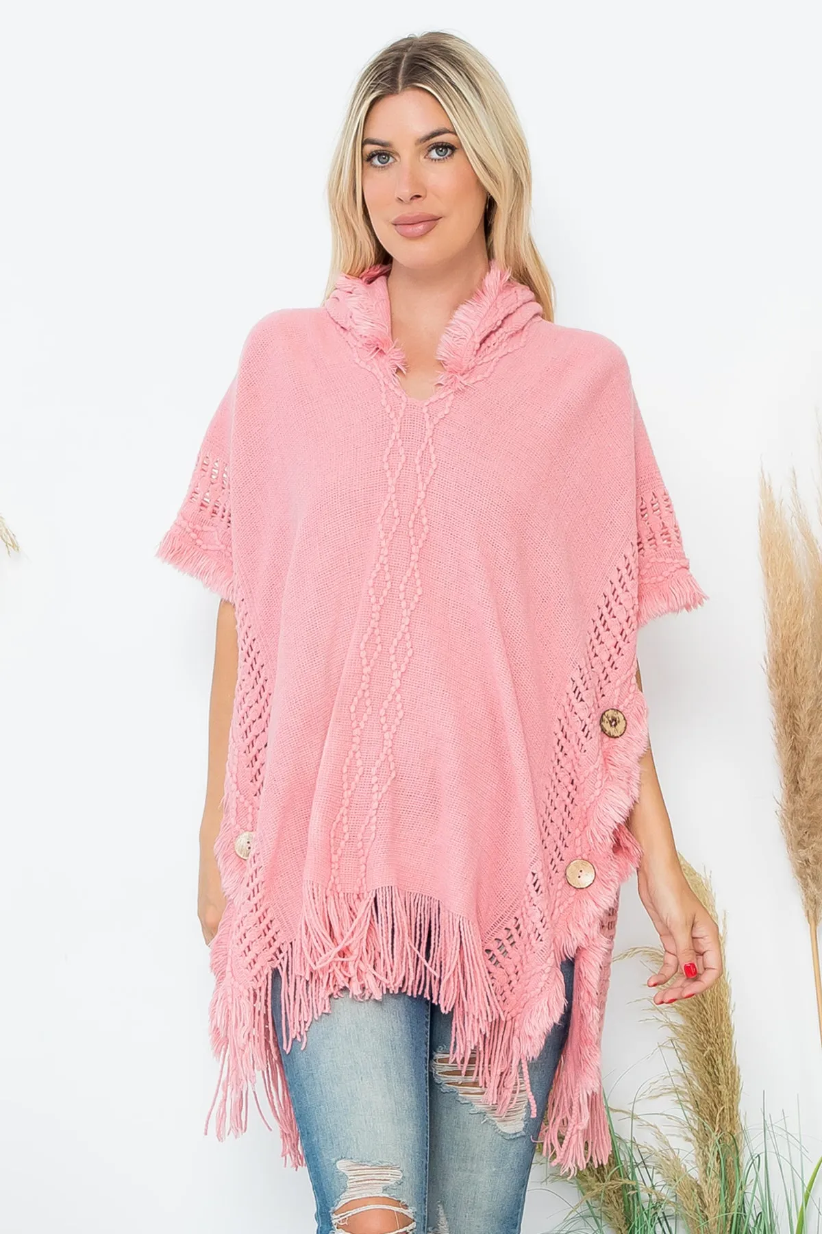 HDF4000 - DIAMOND PATTERN KNITTED FRINGE WARMER PONCHO