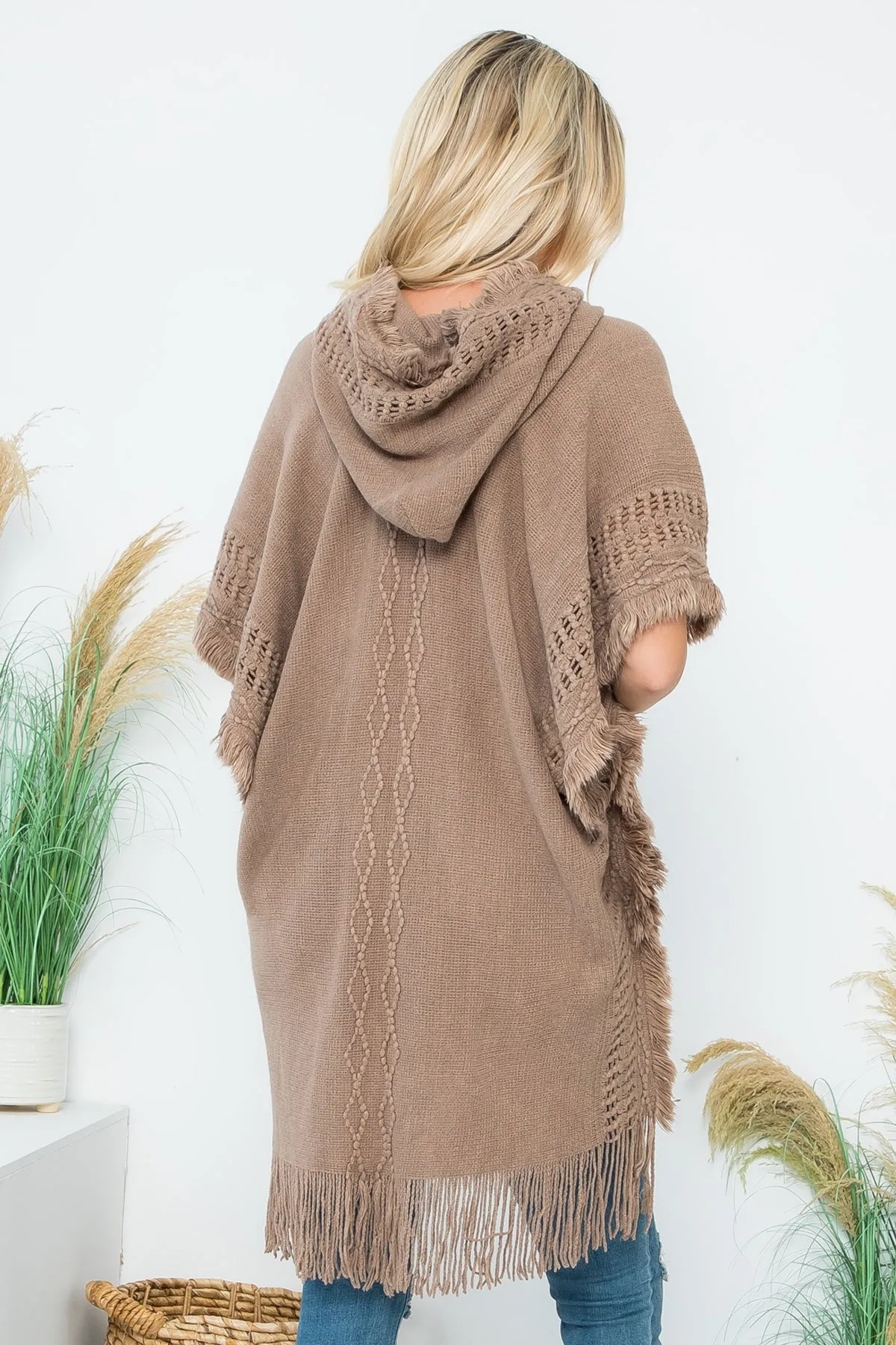 HDF4000 - DIAMOND PATTERN KNITTED FRINGE WARMER PONCHO