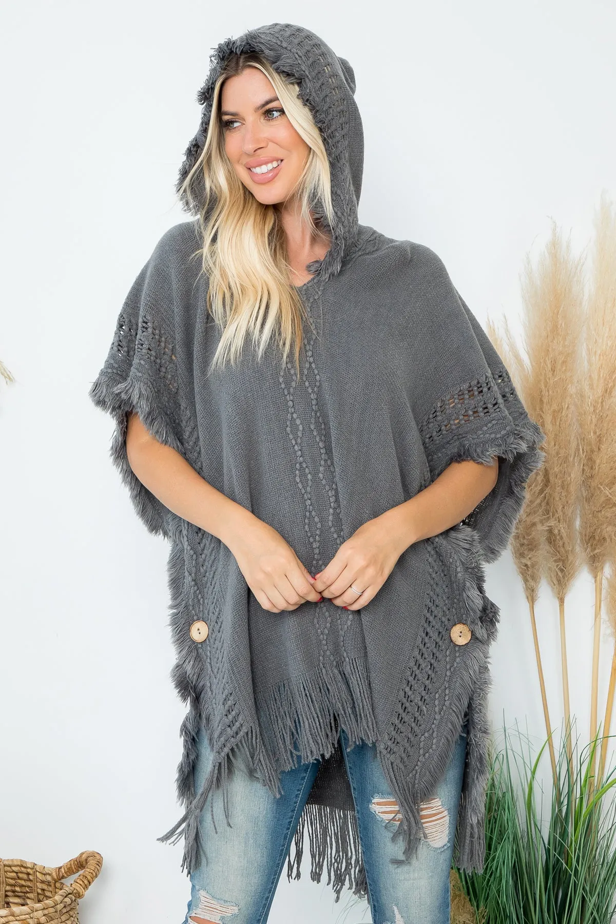 HDF4000 - DIAMOND PATTERN KNITTED FRINGE WARMER PONCHO
