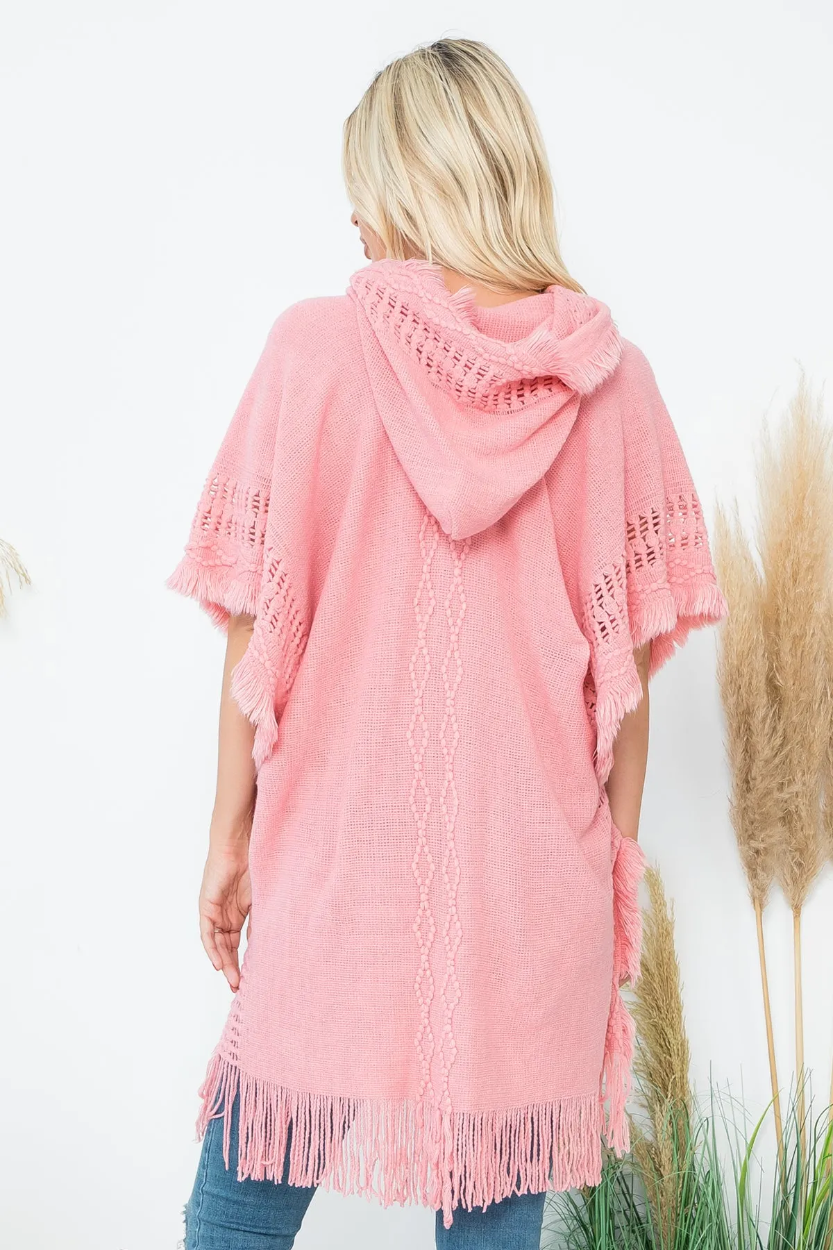 HDF4000 - DIAMOND PATTERN KNITTED FRINGE WARMER PONCHO