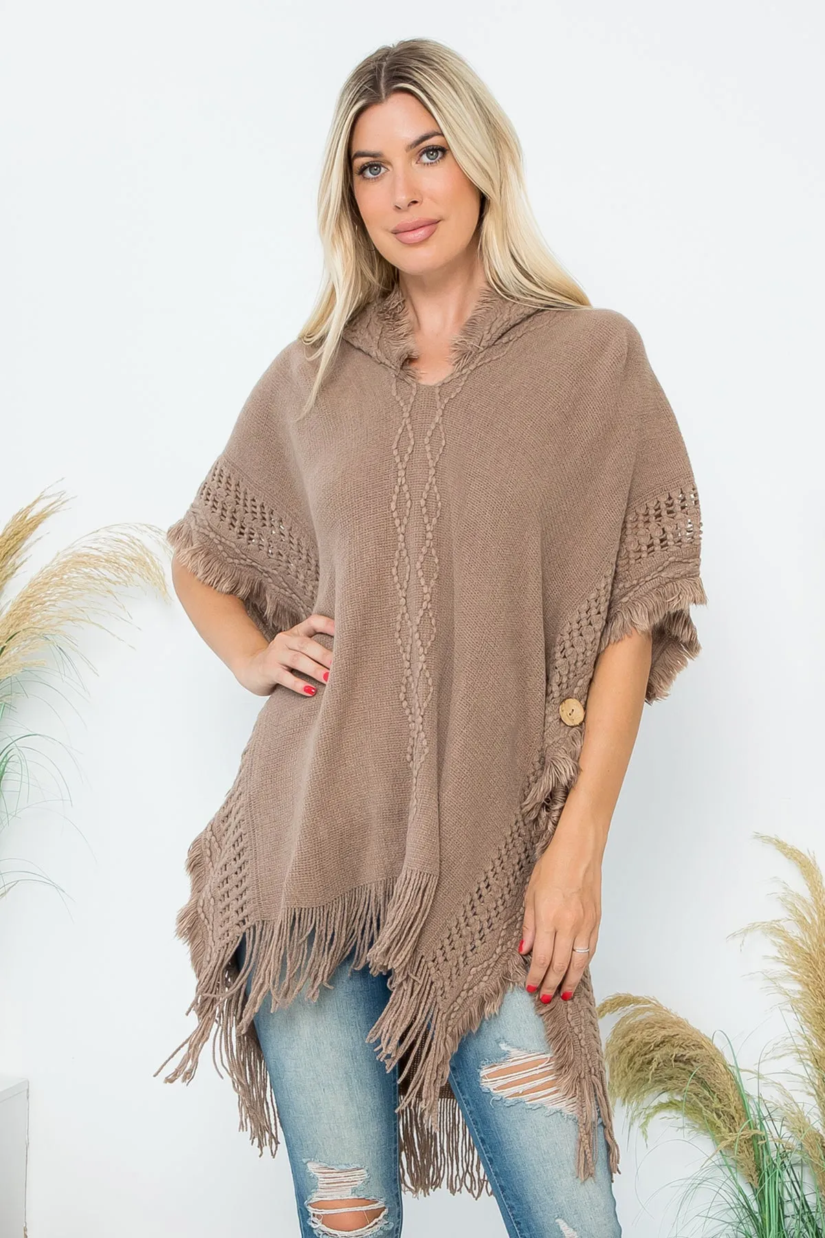 HDF4000 - DIAMOND PATTERN KNITTED FRINGE WARMER PONCHO