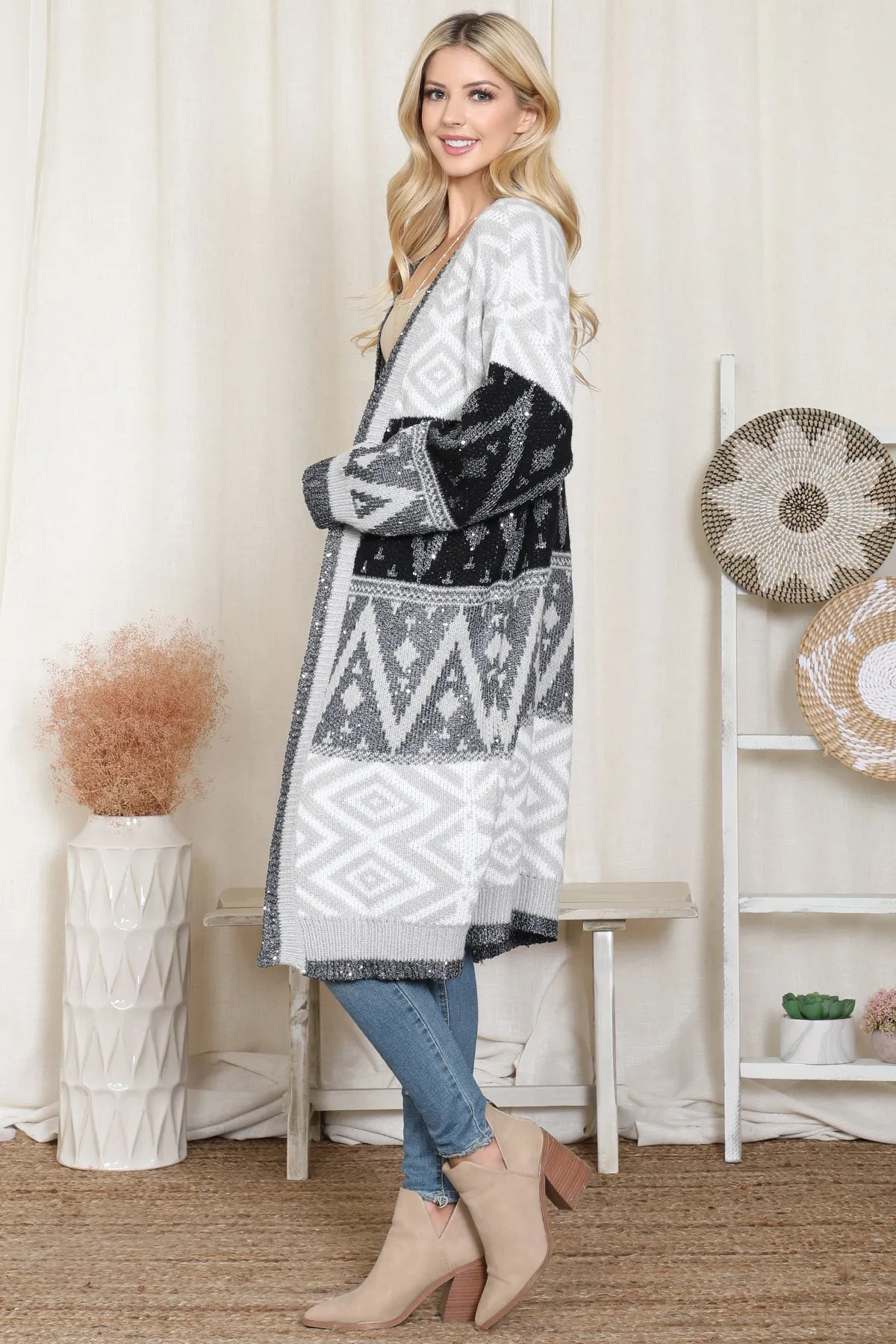 HDF4002 - AZTEC PATTERN KNITTED TERRY CARDIGAN