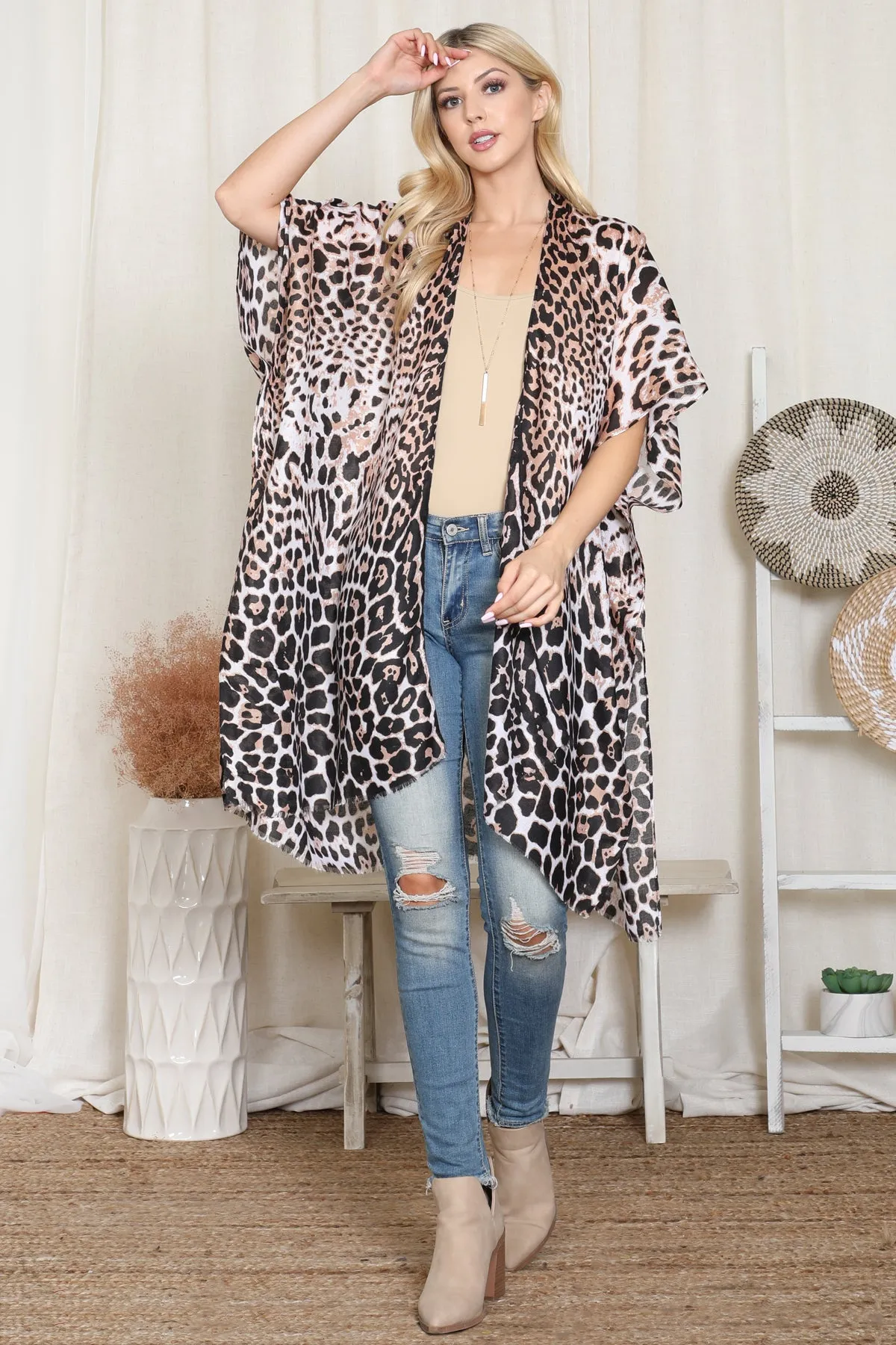 HDF4044 - Leopard Print Gradiant Open Front Kimono