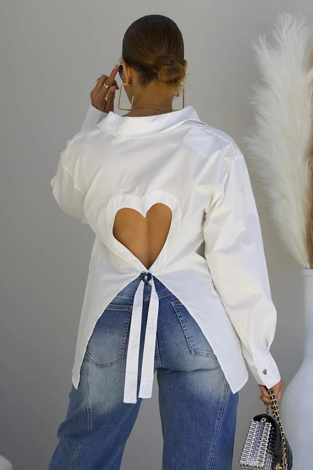 Heart Shape Cutout Sash Long Sleeve Slit Hem Blouses-White [Pre Order]
