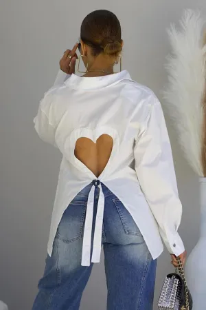 Heart Shape Cutout Sash Long Sleeve Slit Hem Blouses-White [Pre Order]