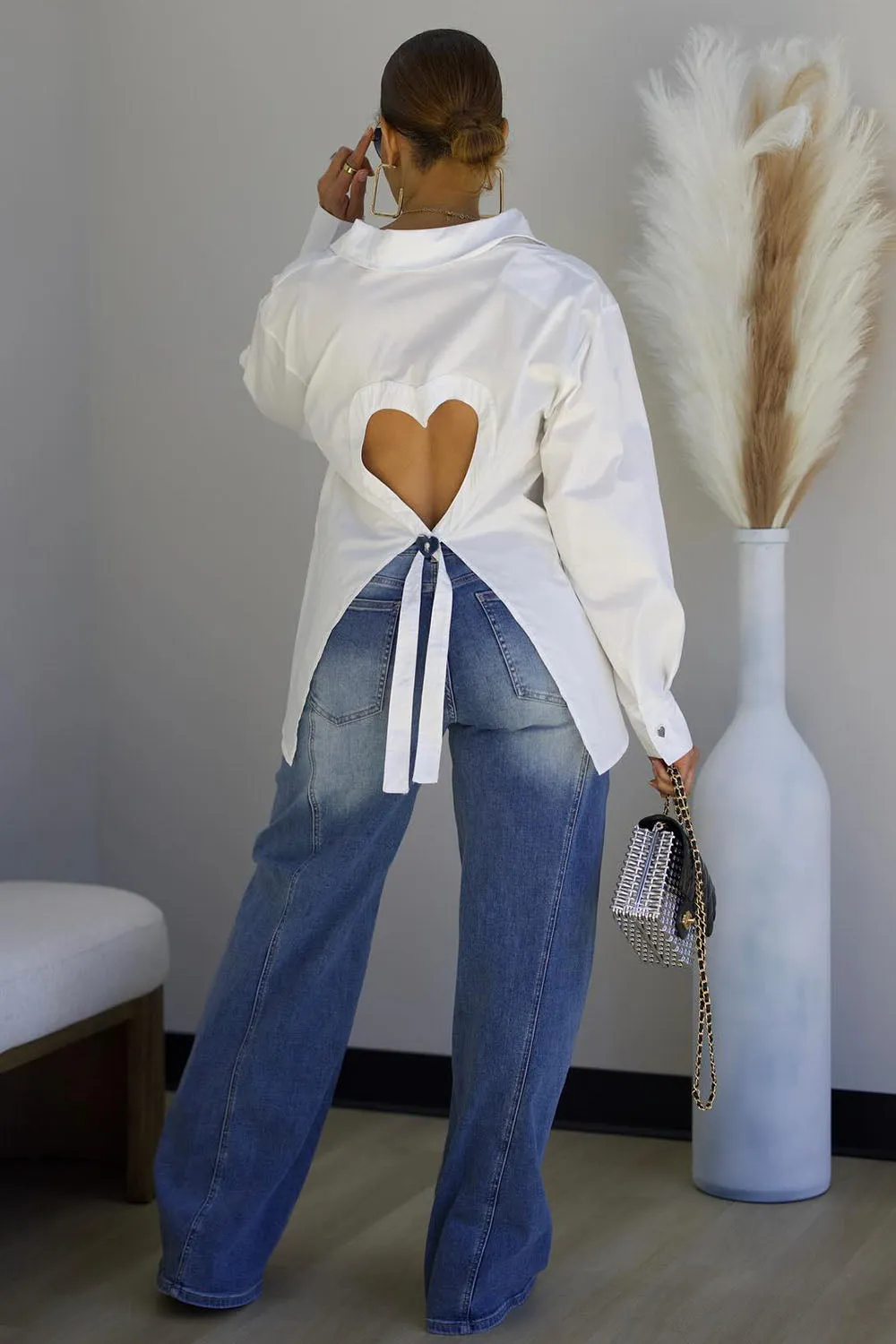 Heart Shape Cutout Sash Long Sleeve Slit Hem Blouses-White [Pre Order]