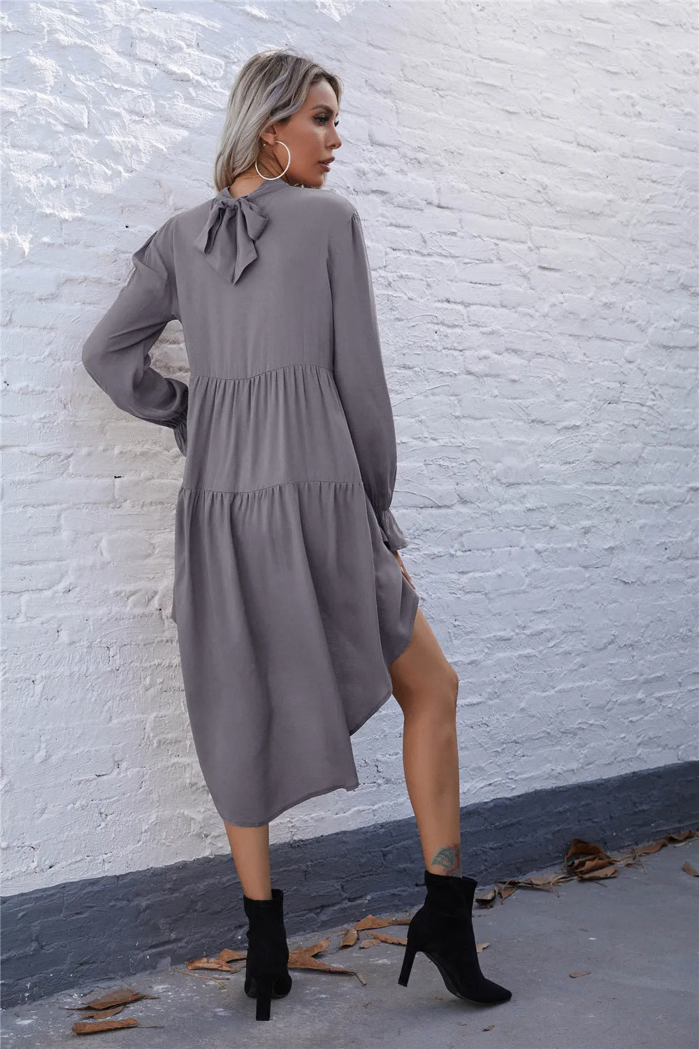 High-collared Round Neck Irregular Hem Ruffled Mini Dresses