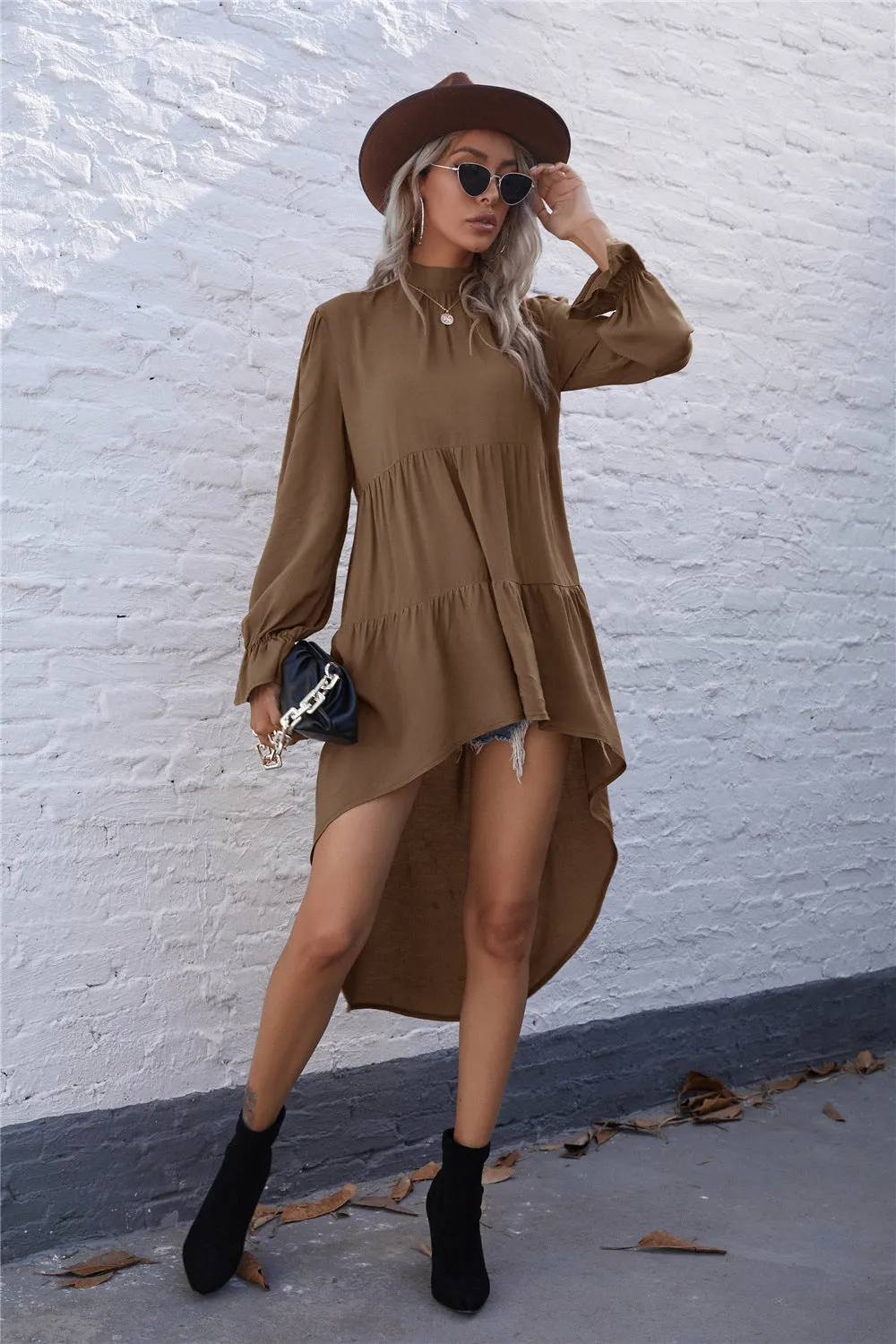 High-collared Round Neck Irregular Hem Ruffled Mini Dresses