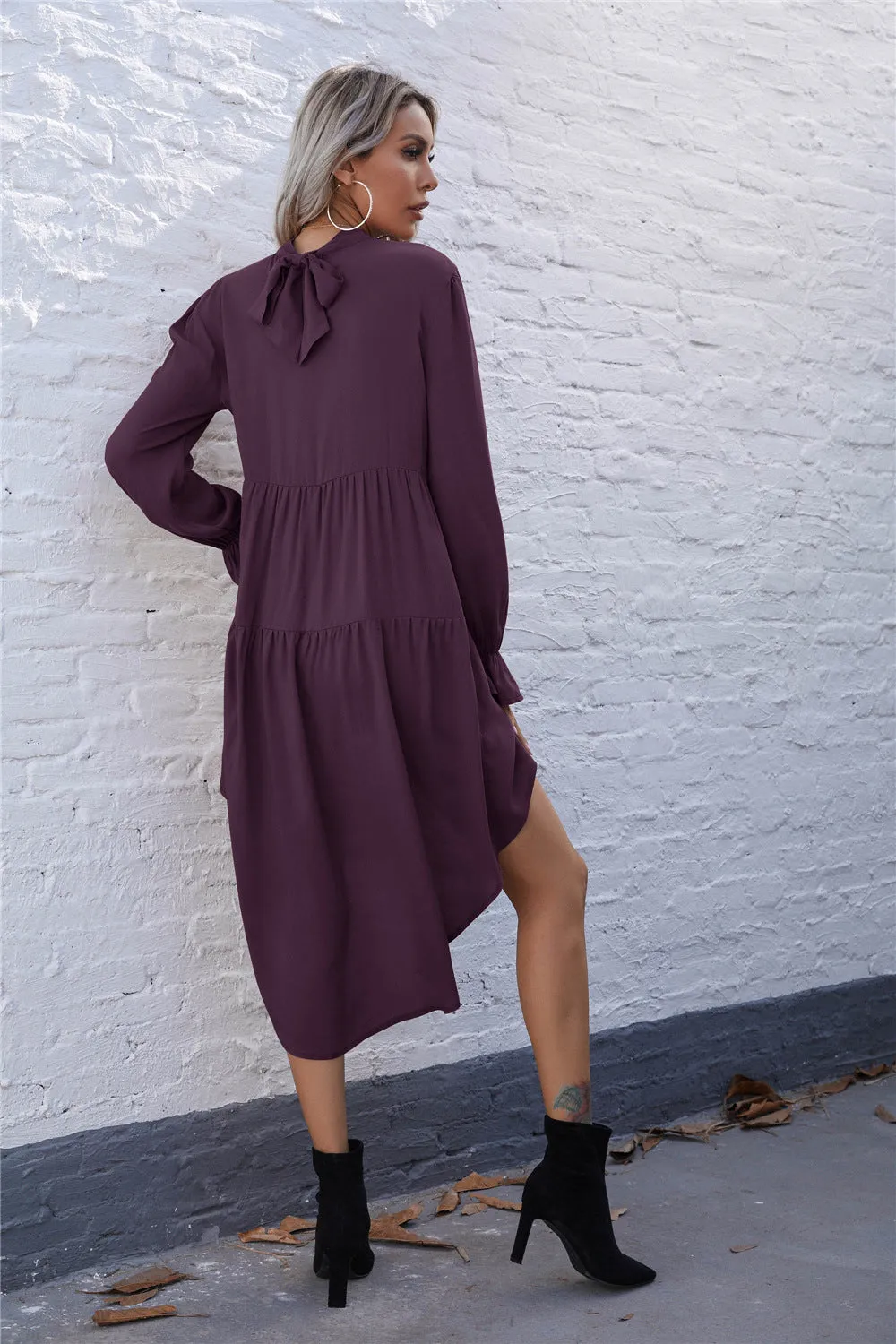 High-collared Round Neck Irregular Hem Ruffled Mini Dresses