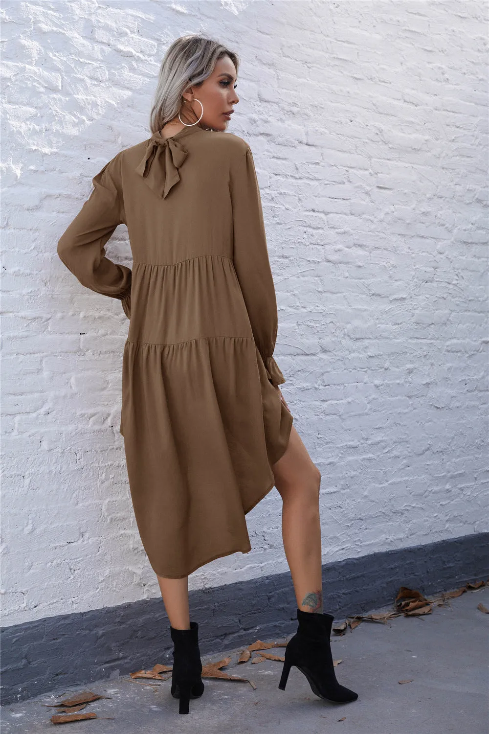 High-collared Round Neck Irregular Hem Ruffled Mini Dresses
