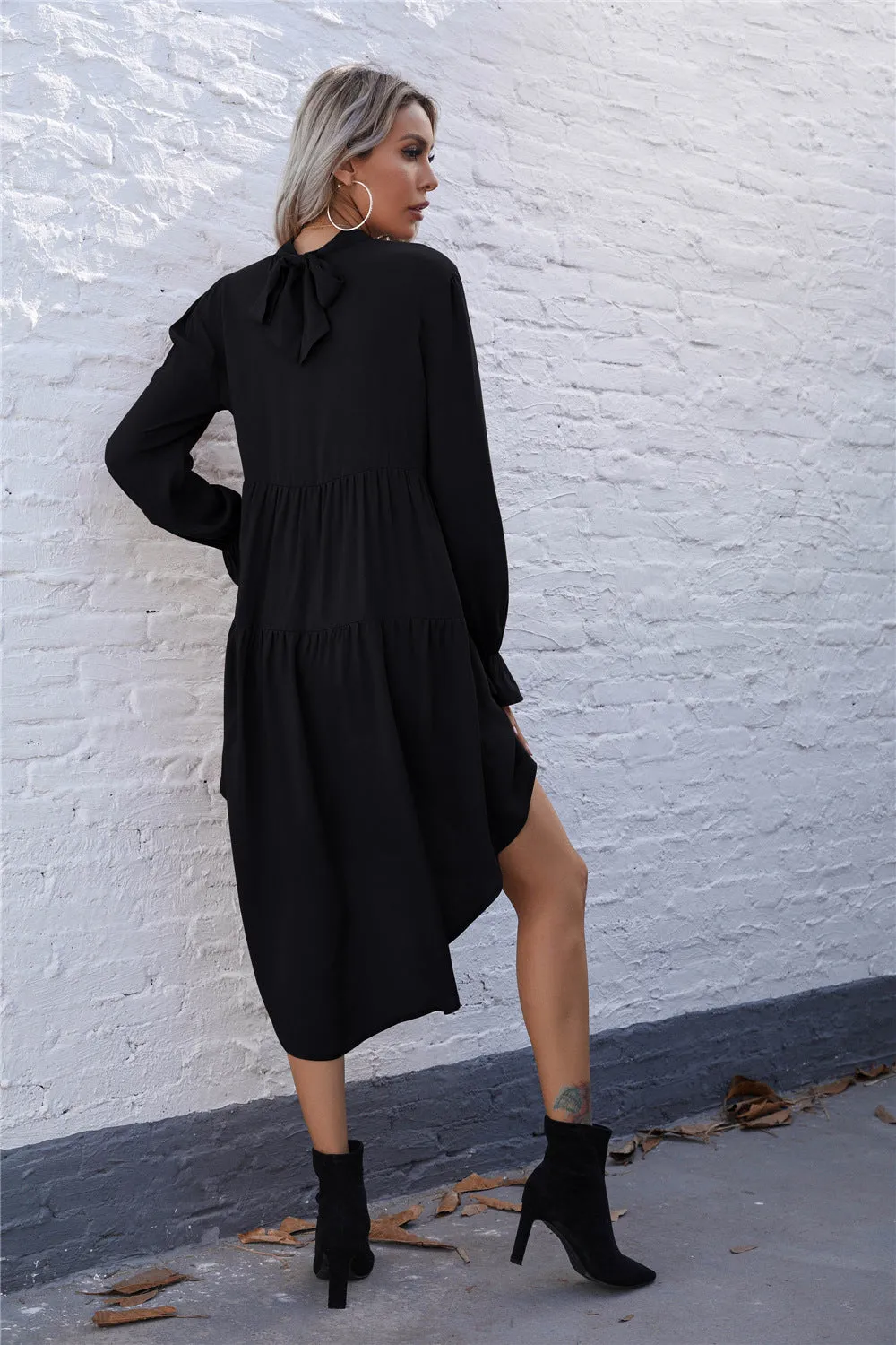 High-collared Round Neck Irregular Hem Ruffled Mini Dresses