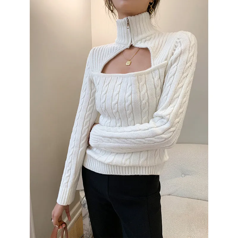 Hollow-out Knit High Collar Sweaters Shirts