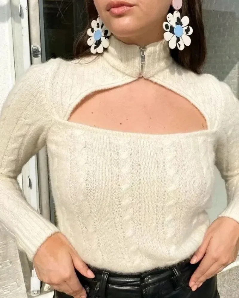Hollow-out Knit High Collar Sweaters Shirts