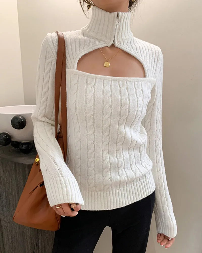 Hollow-out Knit High Collar Sweaters Shirts