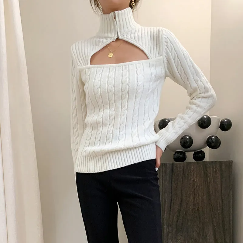 Hollow-out Knit High Collar Sweaters Shirts