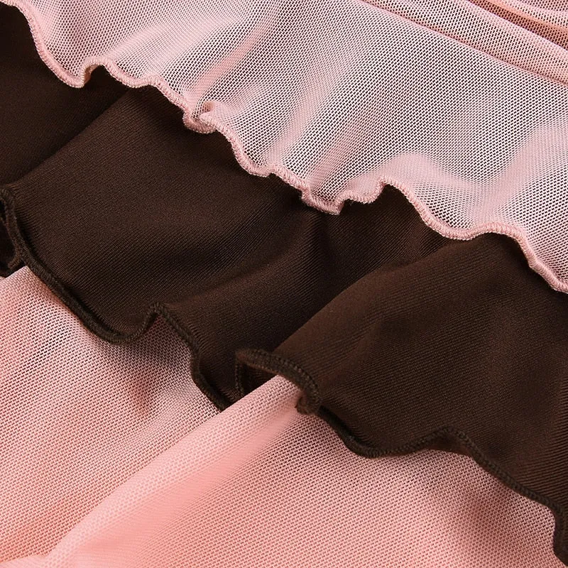 Hulianfu Y2K Aesthetic Pleated Skirts Women Low Waist Ruffles Mini Skirt Patchwork Pink Mesh Cute Kawaii Brown Bodycon Vintage Clothes
