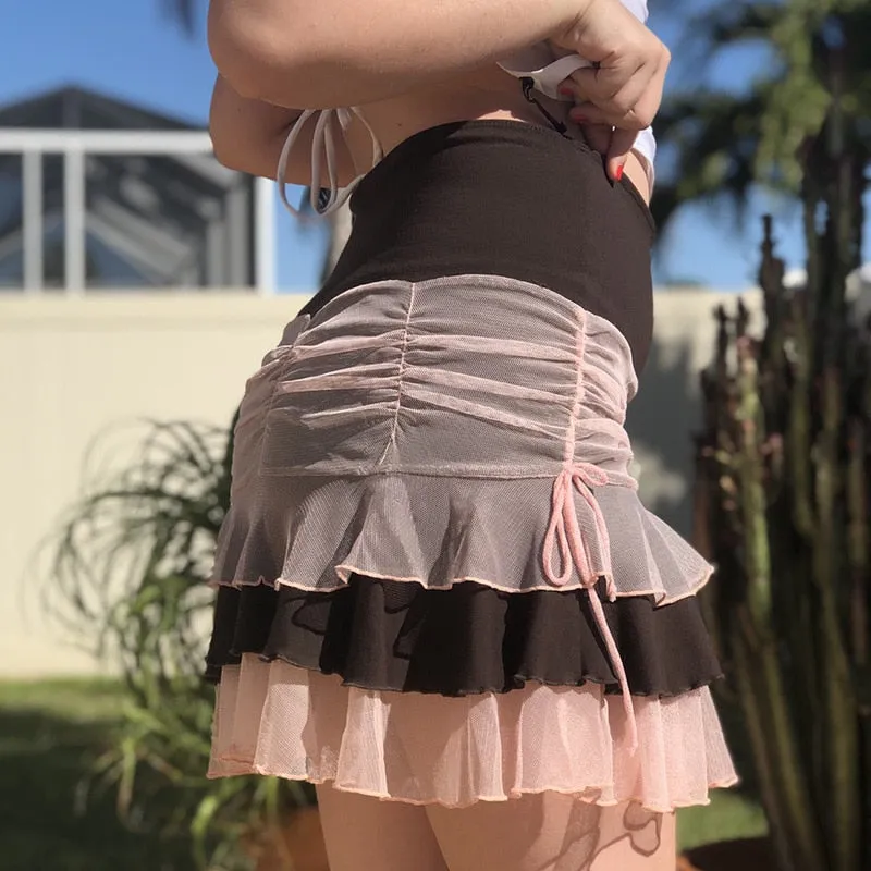 Hulianfu Y2K Aesthetic Pleated Skirts Women Low Waist Ruffles Mini Skirt Patchwork Pink Mesh Cute Kawaii Brown Bodycon Vintage Clothes