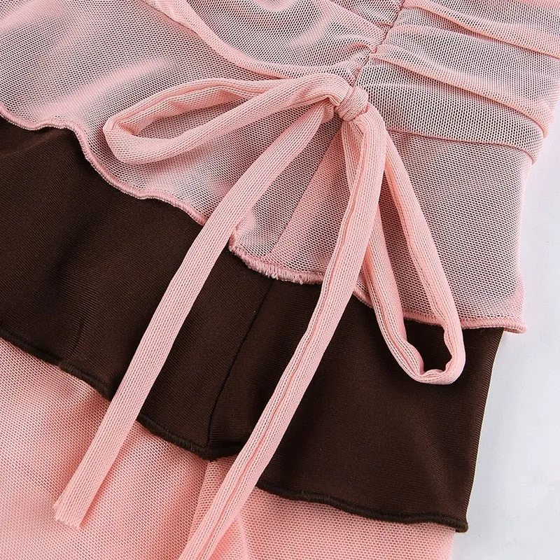 Hulianfu Y2K Aesthetic Pleated Skirts Women Low Waist Ruffles Mini Skirt Patchwork Pink Mesh Cute Kawaii Brown Bodycon Vintage Clothes
