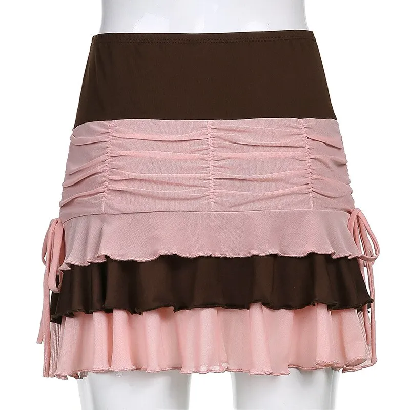 Hulianfu Y2K Aesthetic Pleated Skirts Women Low Waist Ruffles Mini Skirt Patchwork Pink Mesh Cute Kawaii Brown Bodycon Vintage Clothes