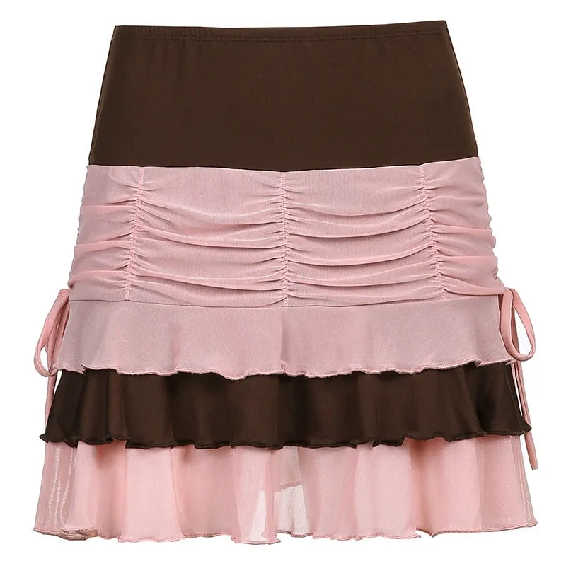 Hulianfu Y2K Aesthetic Pleated Skirts Women Low Waist Ruffles Mini Skirt Patchwork Pink Mesh Cute Kawaii Brown Bodycon Vintage Clothes