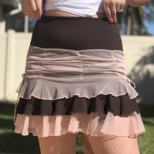 Hulianfu Y2K Aesthetic Pleated Skirts Women Low Waist Ruffles Mini Skirt Patchwork Pink Mesh Cute Kawaii Brown Bodycon Vintage Clothes