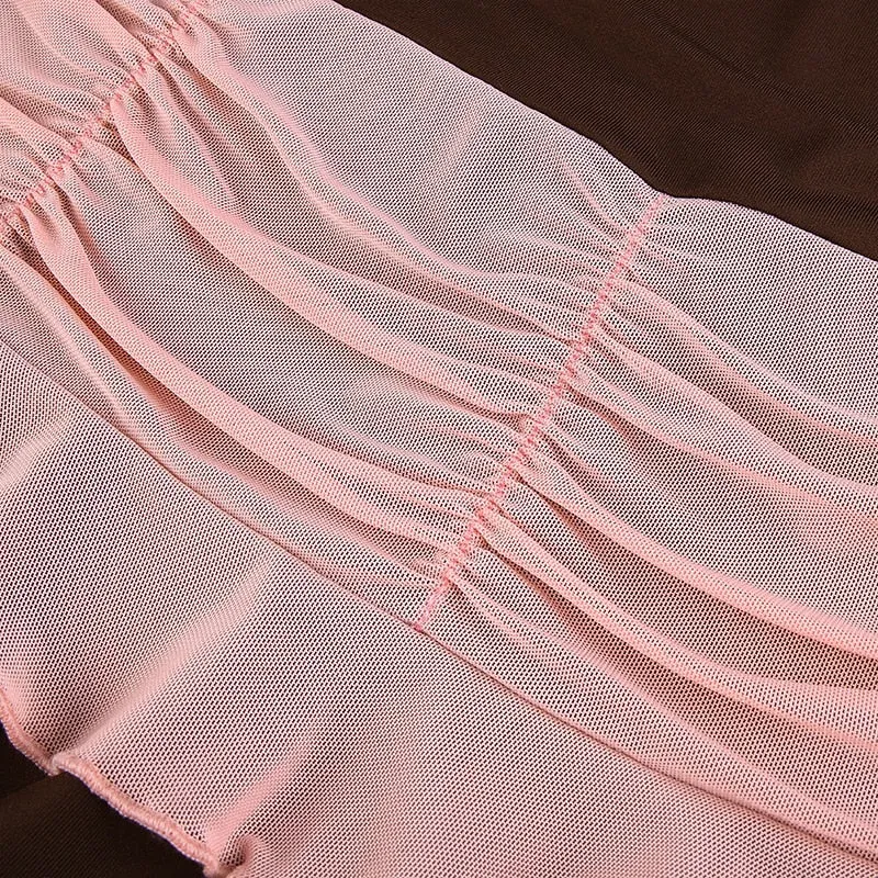 Hulianfu Y2K Aesthetic Pleated Skirts Women Low Waist Ruffles Mini Skirt Patchwork Pink Mesh Cute Kawaii Brown Bodycon Vintage Clothes