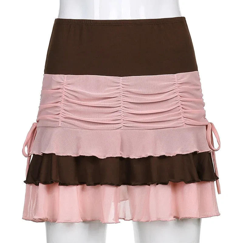 Hulianfu Y2K Aesthetic Pleated Skirts Women Low Waist Ruffles Mini Skirt Patchwork Pink Mesh Cute Kawaii Brown Bodycon Vintage Clothes