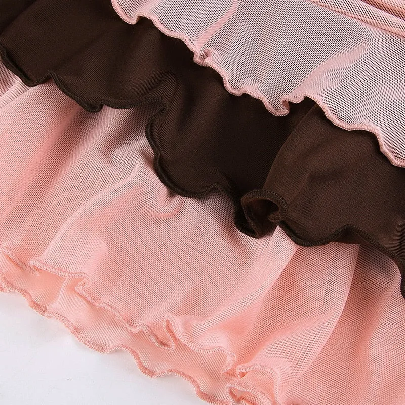 Hulianfu Y2K Aesthetic Pleated Skirts Women Low Waist Ruffles Mini Skirt Patchwork Pink Mesh Cute Kawaii Brown Bodycon Vintage Clothes