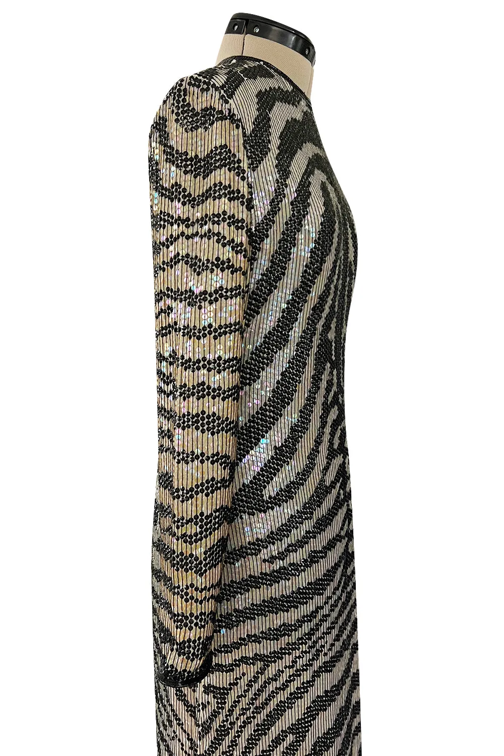 Iconic Late 1970s Halston Rare Iridescent Gold & Black Sequin Tiger Print Dress