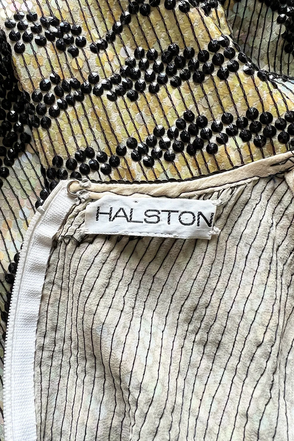 Iconic Late 1970s Halston Rare Iridescent Gold & Black Sequin Tiger Print Dress