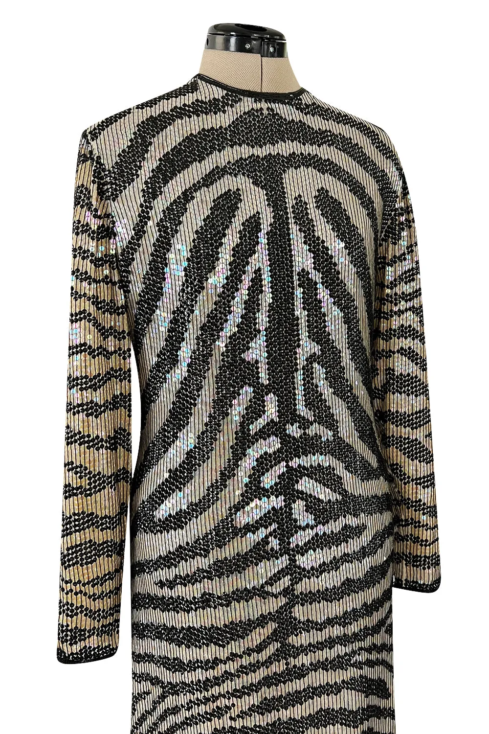 Iconic Late 1970s Halston Rare Iridescent Gold & Black Sequin Tiger Print Dress