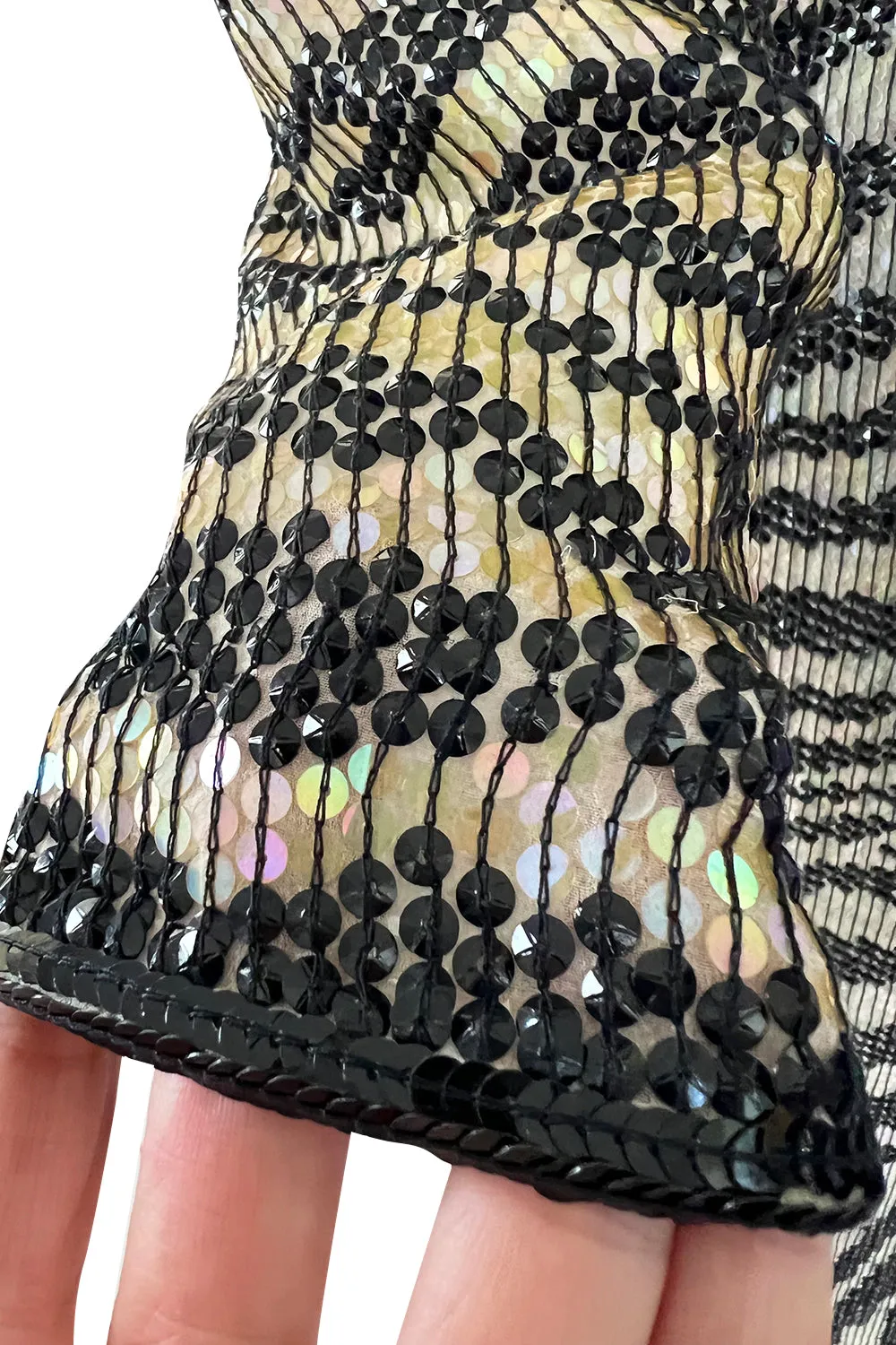 Iconic Late 1970s Halston Rare Iridescent Gold & Black Sequin Tiger Print Dress