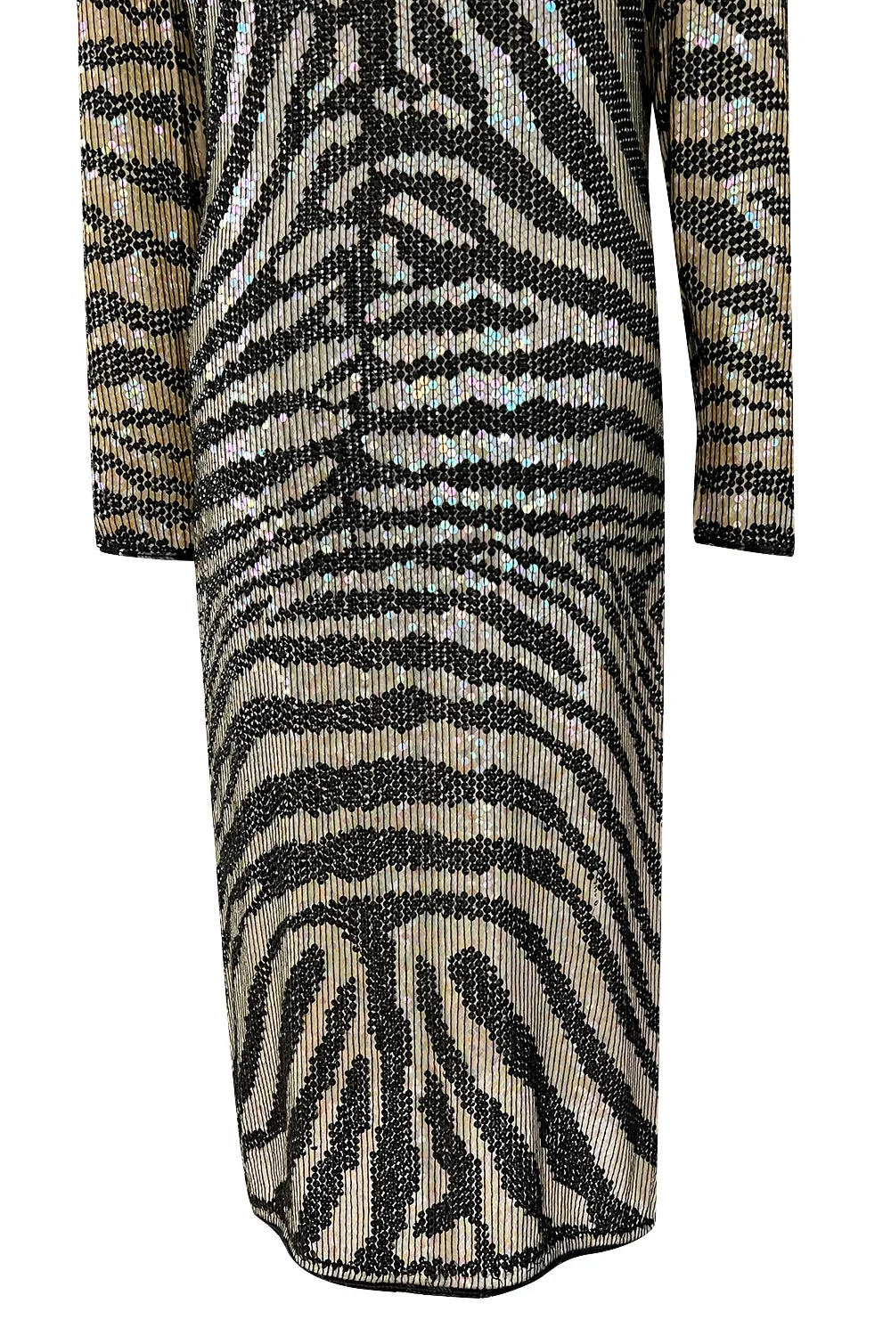 Iconic Late 1970s Halston Rare Iridescent Gold & Black Sequin Tiger Print Dress