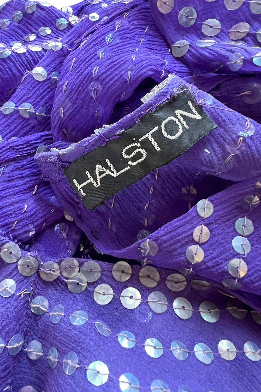 Incredible Late 1970s Halston Purple Transparent Silk Chiffon Dress w Iridescent Sequins