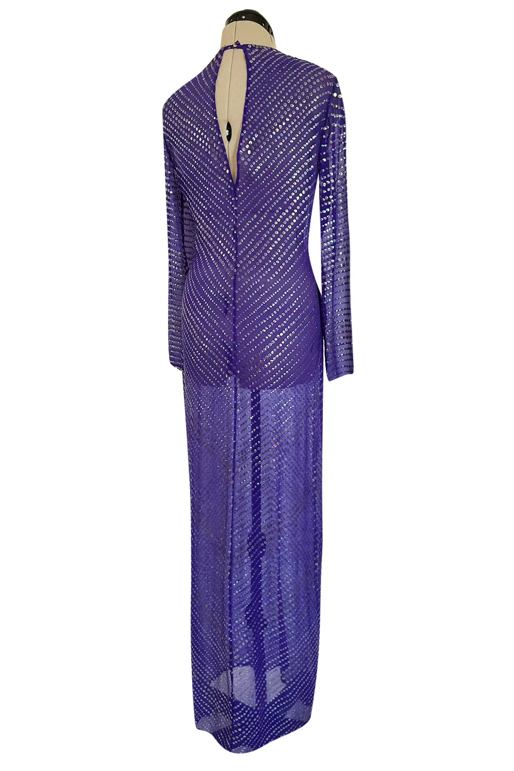 Incredible Late 1970s Halston Purple Transparent Silk Chiffon Dress w Iridescent Sequins