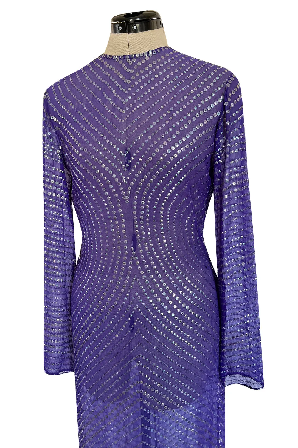 Incredible Late 1970s Halston Purple Transparent Silk Chiffon Dress w Iridescent Sequins