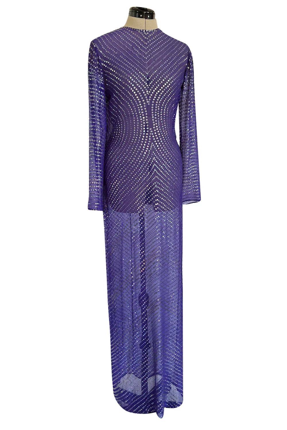 Incredible Late 1970s Halston Purple Transparent Silk Chiffon Dress w Iridescent Sequins