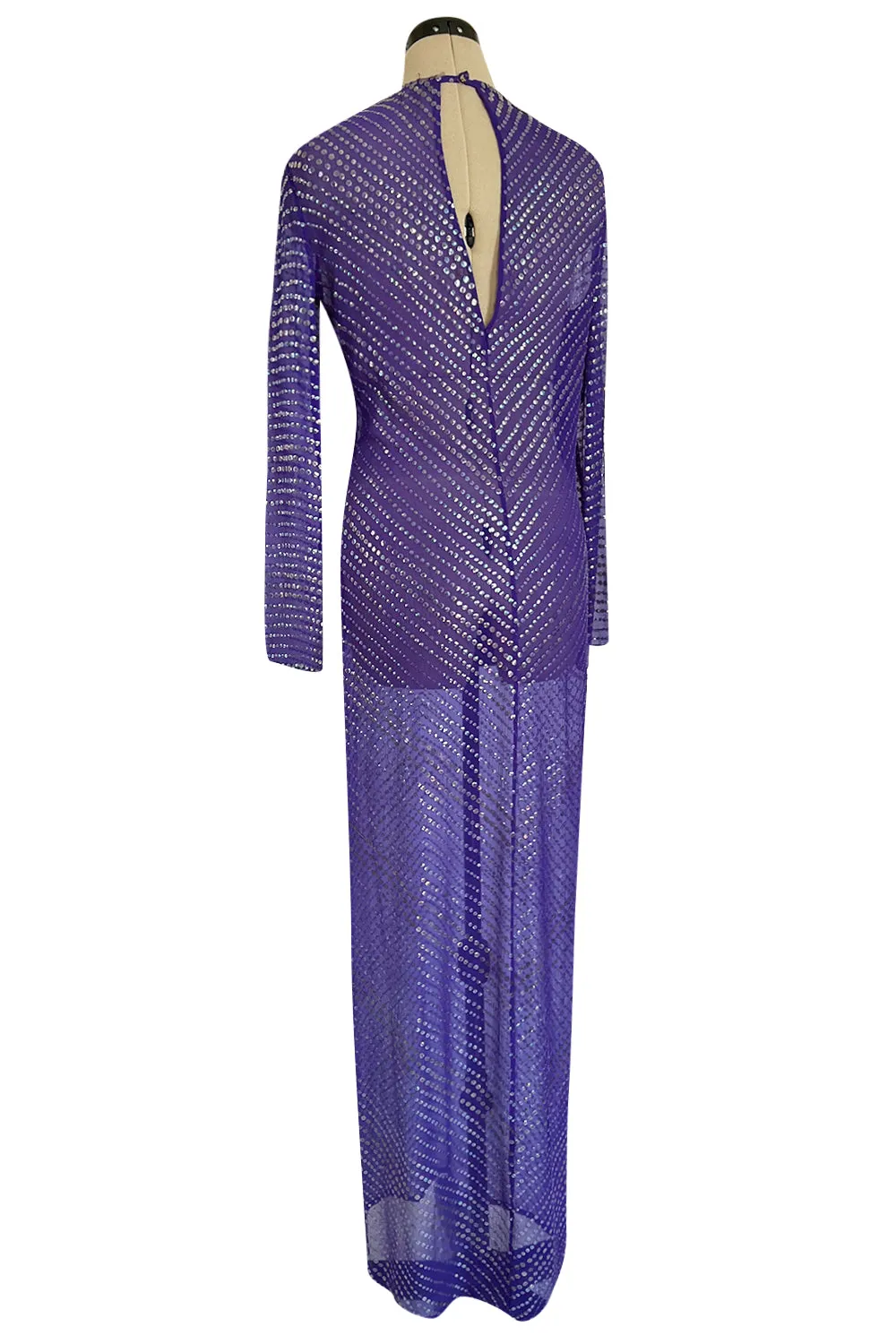Incredible Late 1970s Halston Purple Transparent Silk Chiffon Dress w Iridescent Sequins
