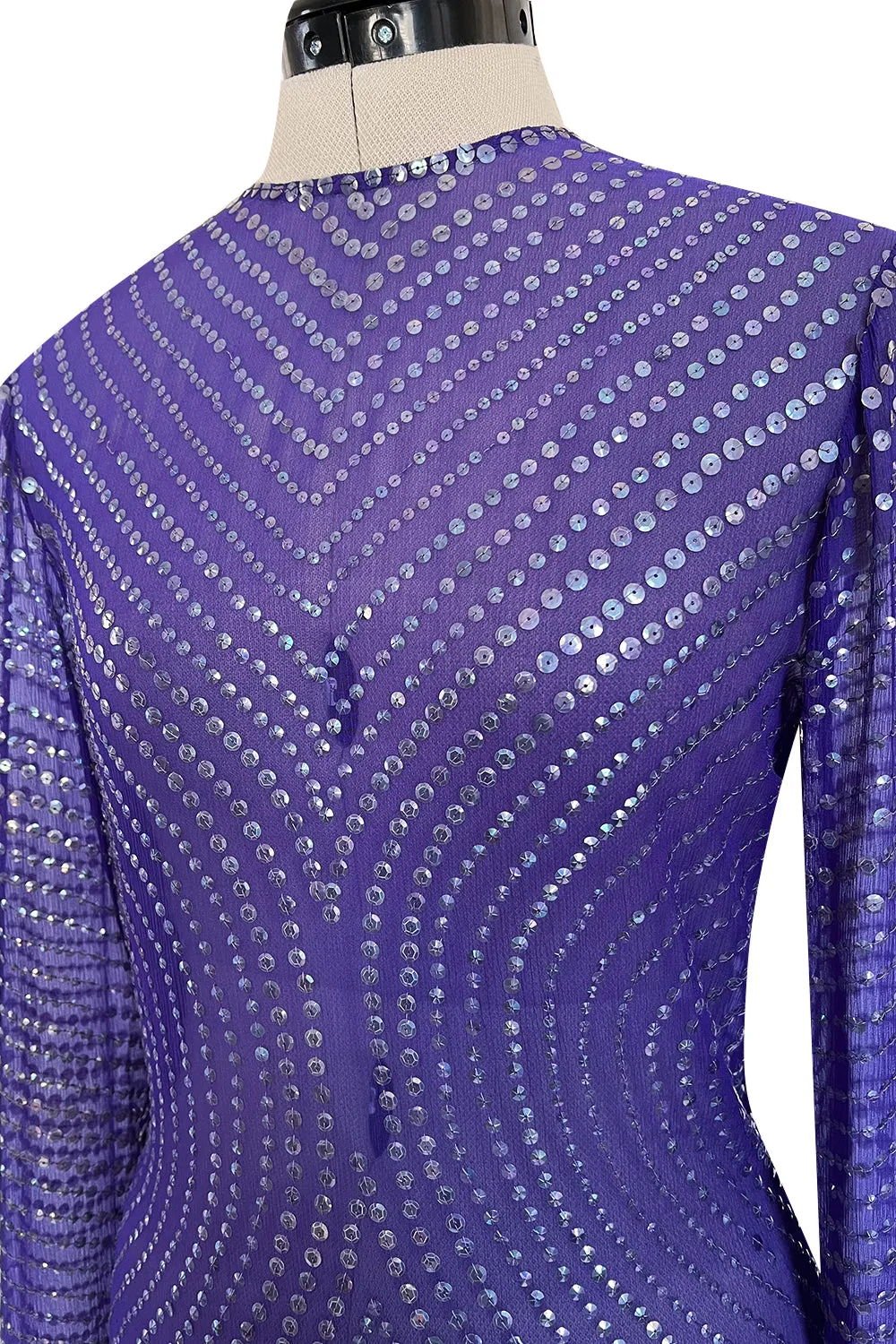 Incredible Late 1970s Halston Purple Transparent Silk Chiffon Dress w Iridescent Sequins