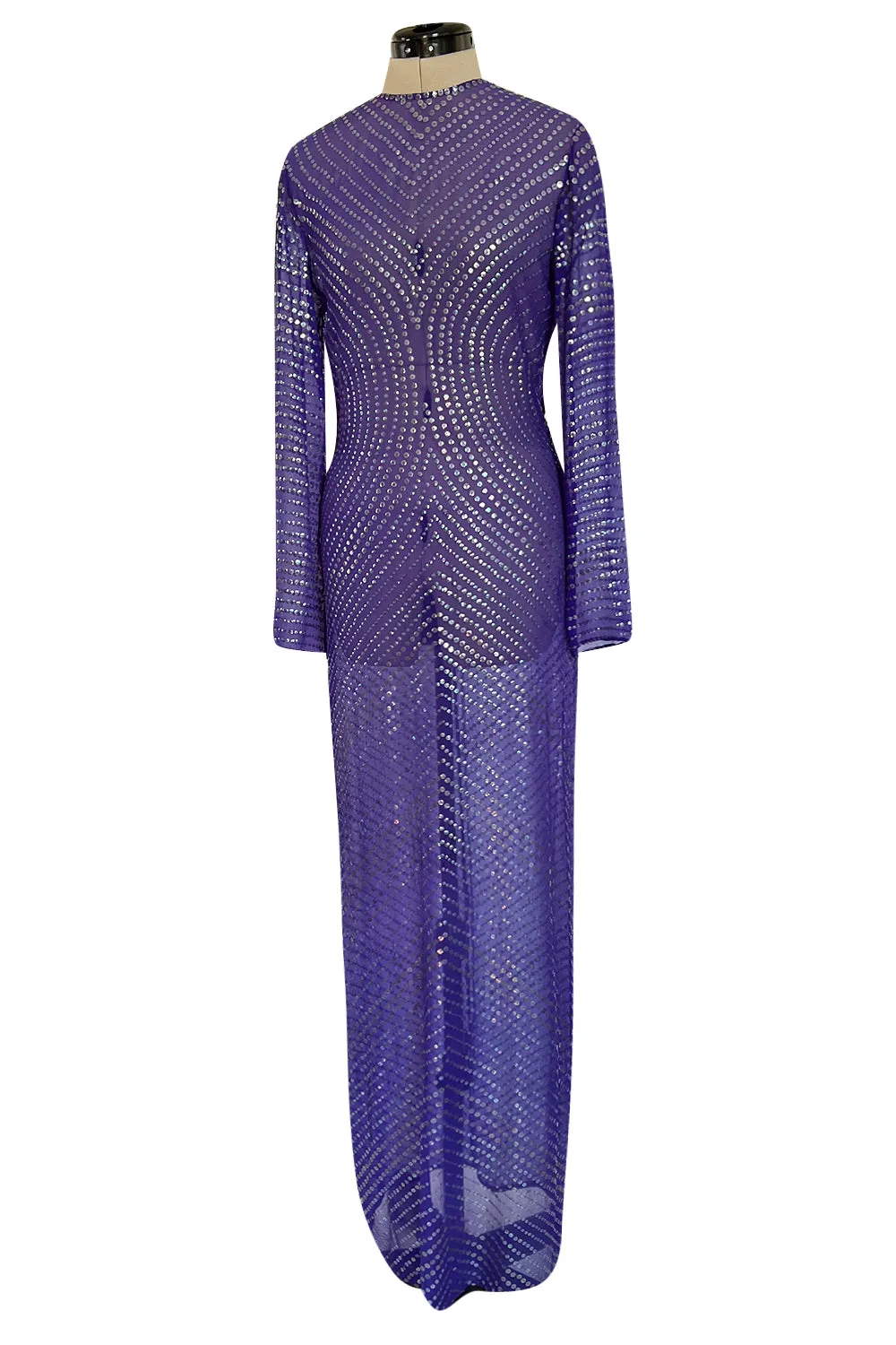 Incredible Late 1970s Halston Purple Transparent Silk Chiffon Dress w Iridescent Sequins