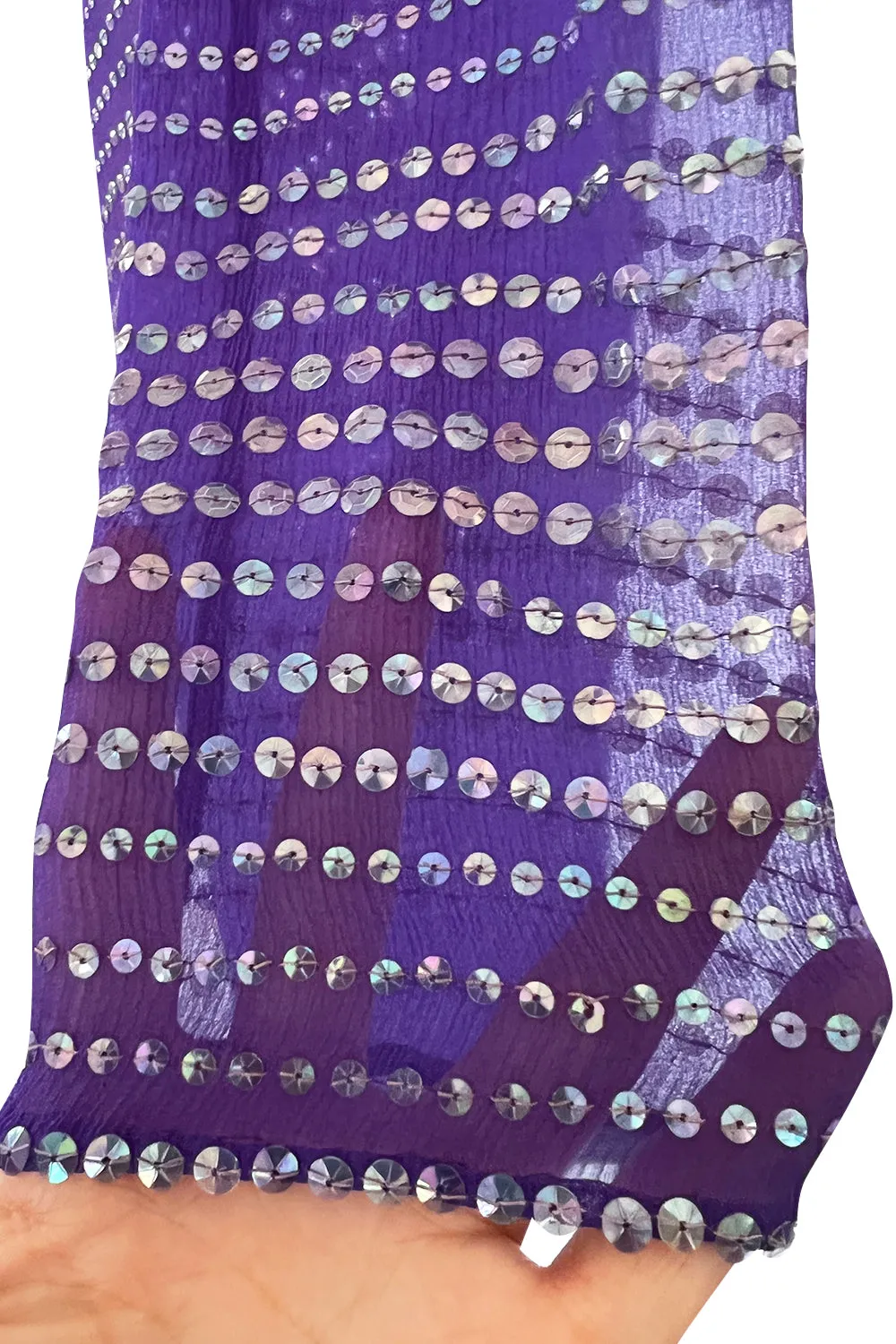 Incredible Late 1970s Halston Purple Transparent Silk Chiffon Dress w Iridescent Sequins