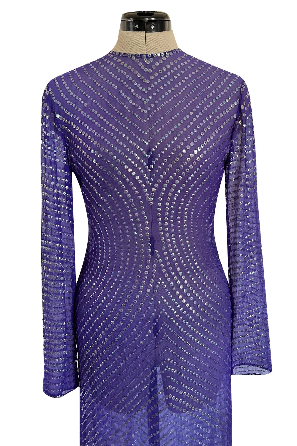 Incredible Late 1970s Halston Purple Transparent Silk Chiffon Dress w Iridescent Sequins