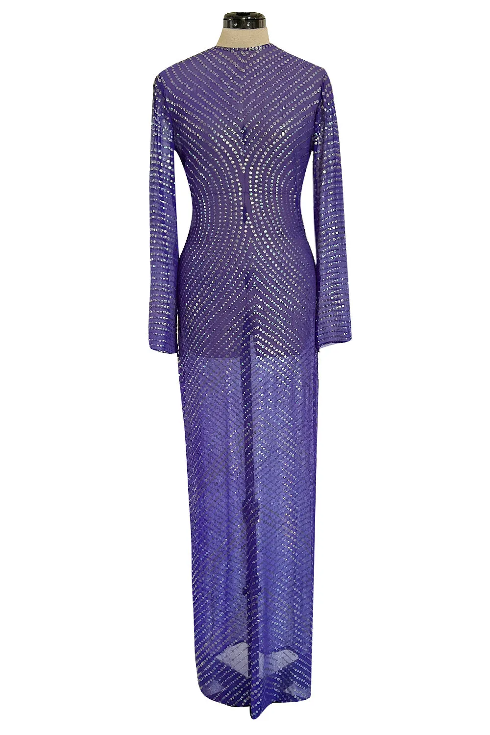 Incredible Late 1970s Halston Purple Transparent Silk Chiffon Dress w Iridescent Sequins